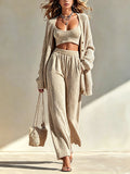 Chic Elegant Light Camel U-Neck Camisole Elastic-Waist Wide-Leg Pants Single-Breasted Oversize Cardigan Knit Three-Piece Set
