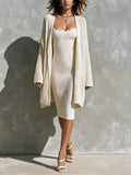Chic Elegant Beige Spaghetti Straps Square-Neck Lace Trim Detail Rib Midi Dress Oversize Cardigan Soft Knit Two-Piece Set