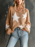 Chic Casual Light Camel Round Neck White Star Jacquard Long Sleeve Loose-Fit Knit Sweater Top