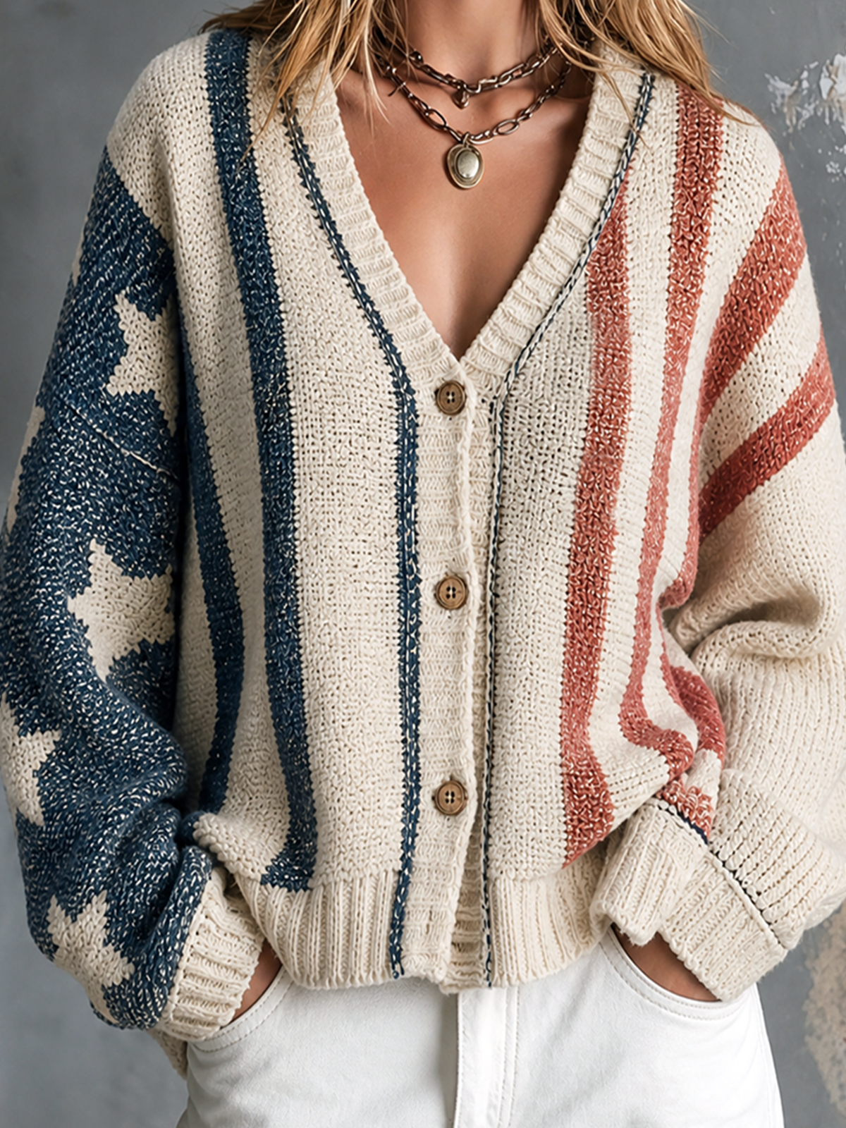Chic Casual Off-White Star Jacquard Colorblock Stripe V-Neck Single-Breasted Long Sleeve Loose-Fit Knit Sweater Top