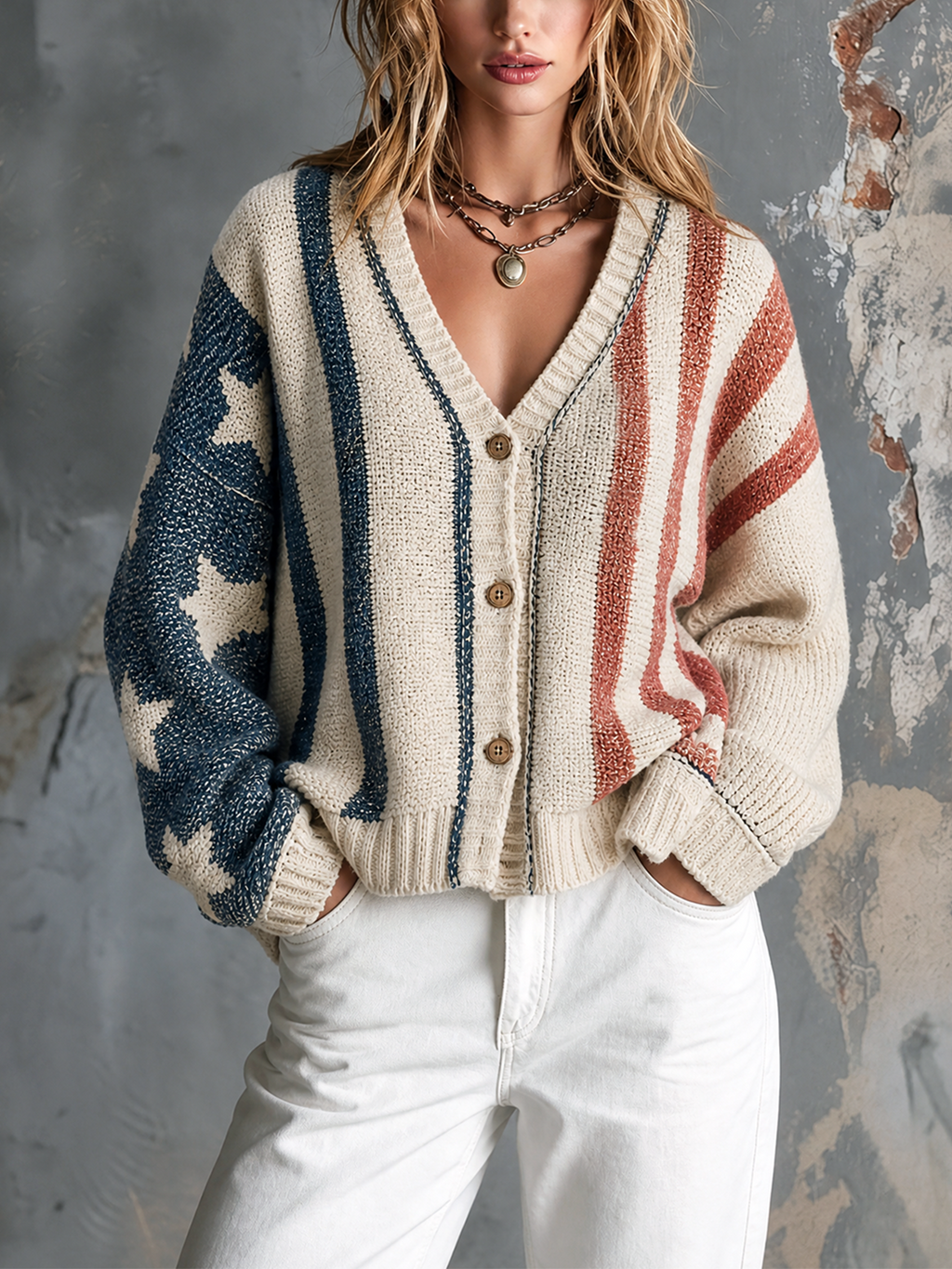 Chic Casual Off-White Star Jacquard Colorblock Stripe V-Neck Single-Breasted Long Sleeve Loose-Fit Knit Sweater Top