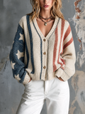 Chic Casual Off-White Star Jacquard Colorblock Stripe V-Neck Single-Breasted Long Sleeve Loose-Fit Knit Sweater Top