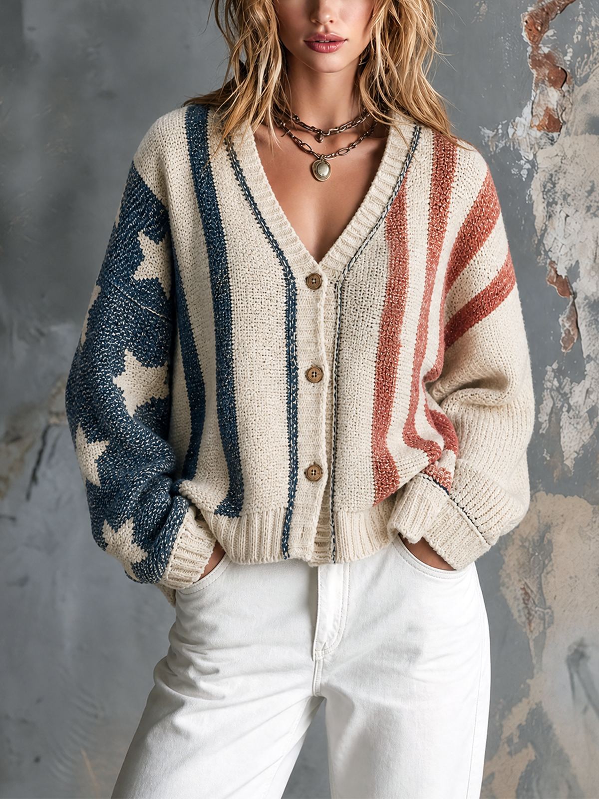 Chic Casual Off-White Star Jacquard Colorblock Stripe V-Neck Single-Breasted Long Sleeve Loose-Fit Knit Sweater Top