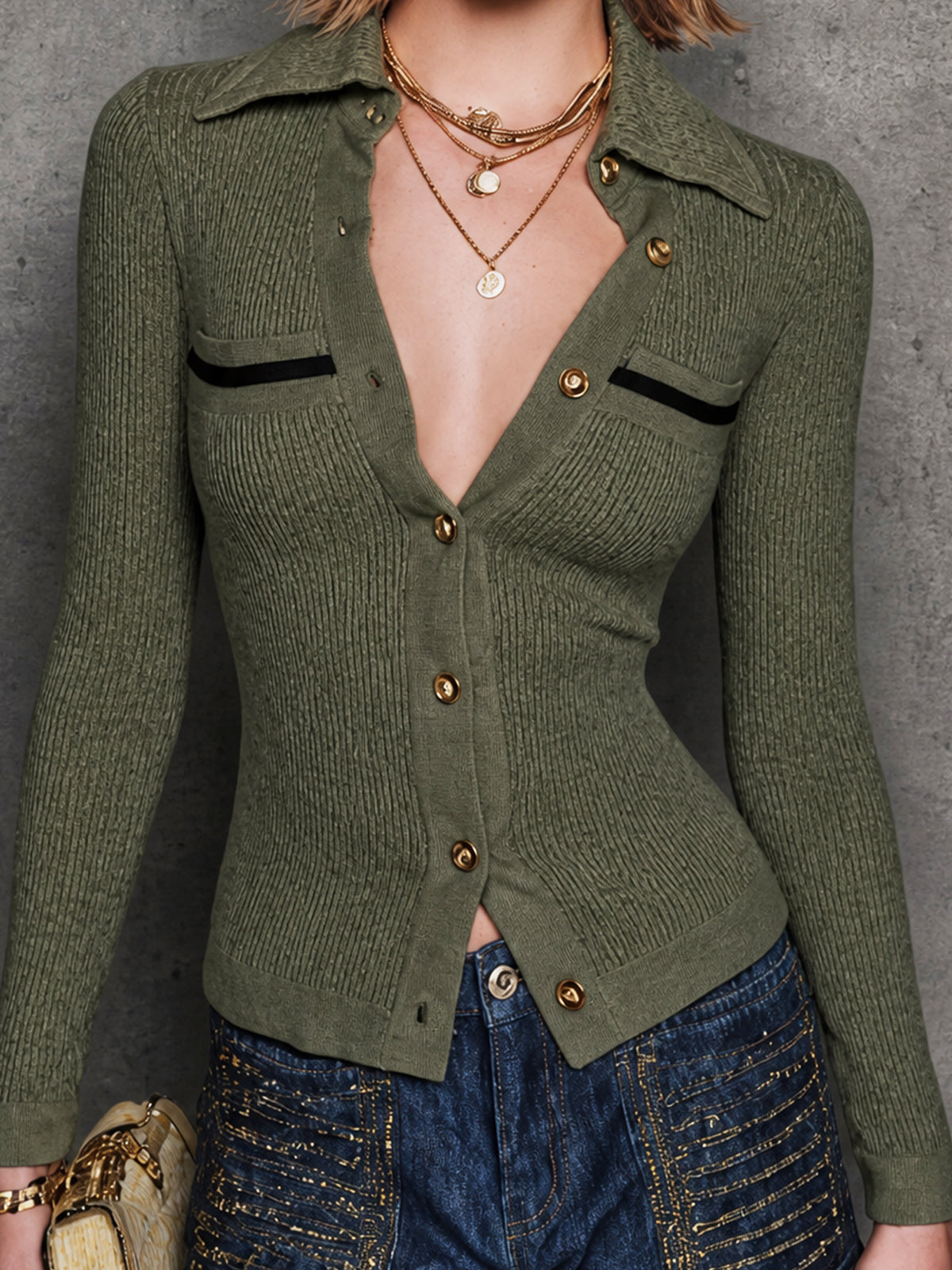 Chic Casual Military Green-Black Colorblock Polo-Neck Single-Breasted Long Sleeve Slim-Fit Knit Cardigan Top