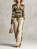 Chic Casual Green Stripes Lapel-Collar Long Sleeve Sweater Drawstring-Waist Straight-Leg Trousers Slim-Fit Knit Two-Piece Set