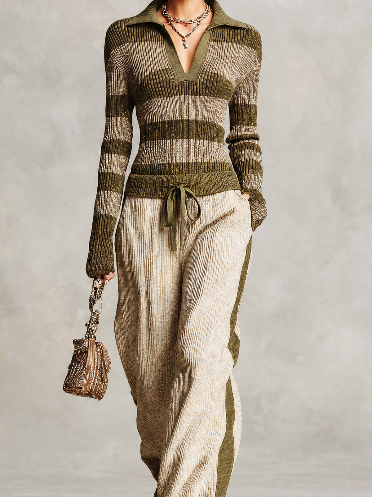 Chic Casual Green Stripes Lapel-Collar Long Sleeve Sweater Drawstring-Waist Straight-Leg Trousers Slim-Fit Knit Two-Piece Set