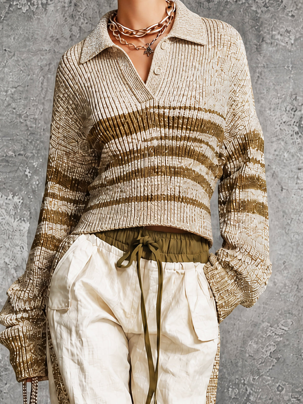 Chic Apricot-Khaki Stripes Polo-Neck  Button-Detail Long Sleeve Loose-Fit Sweater Top