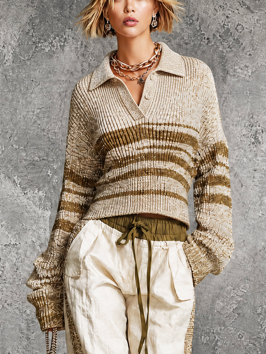 Chic Apricot-Khaki Stripes Polo-Neck  Button-Detail Long Sleeve Loose-Fit Sweater Top