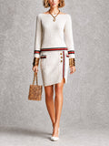 Chic White Colorful Stripes Boat-Neck Long-Sleeve Sweater Straight Skirt Pocket-Detail Regular-Fit  Knit Two-Piece Set