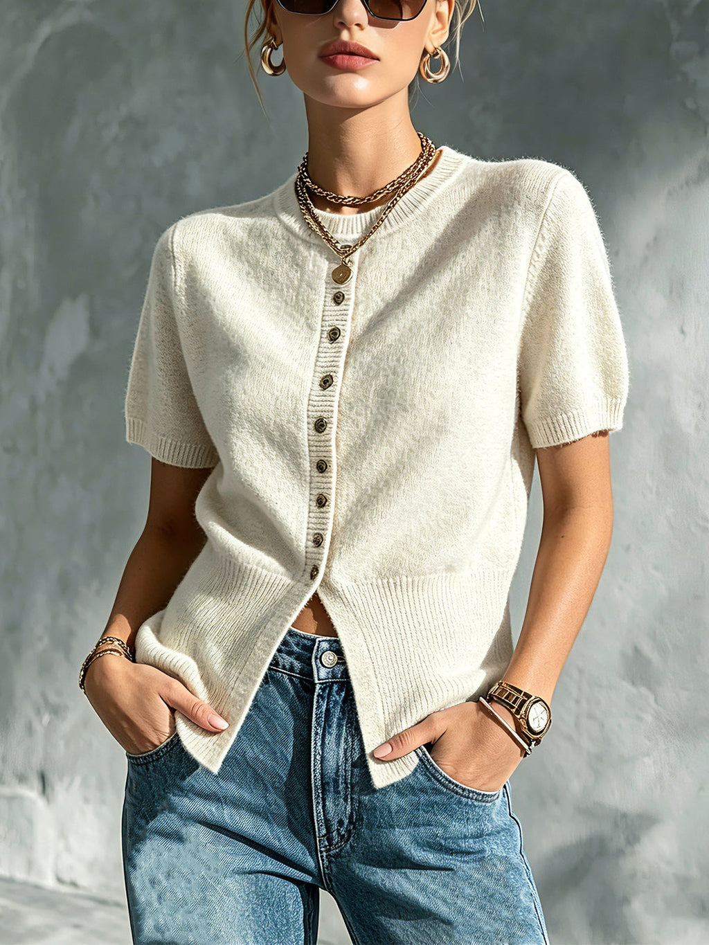 Chic Elegant Beige Round-Neck Short-Sleeve Button-Front Ribbed-Hem Soft Knit Sweater Top