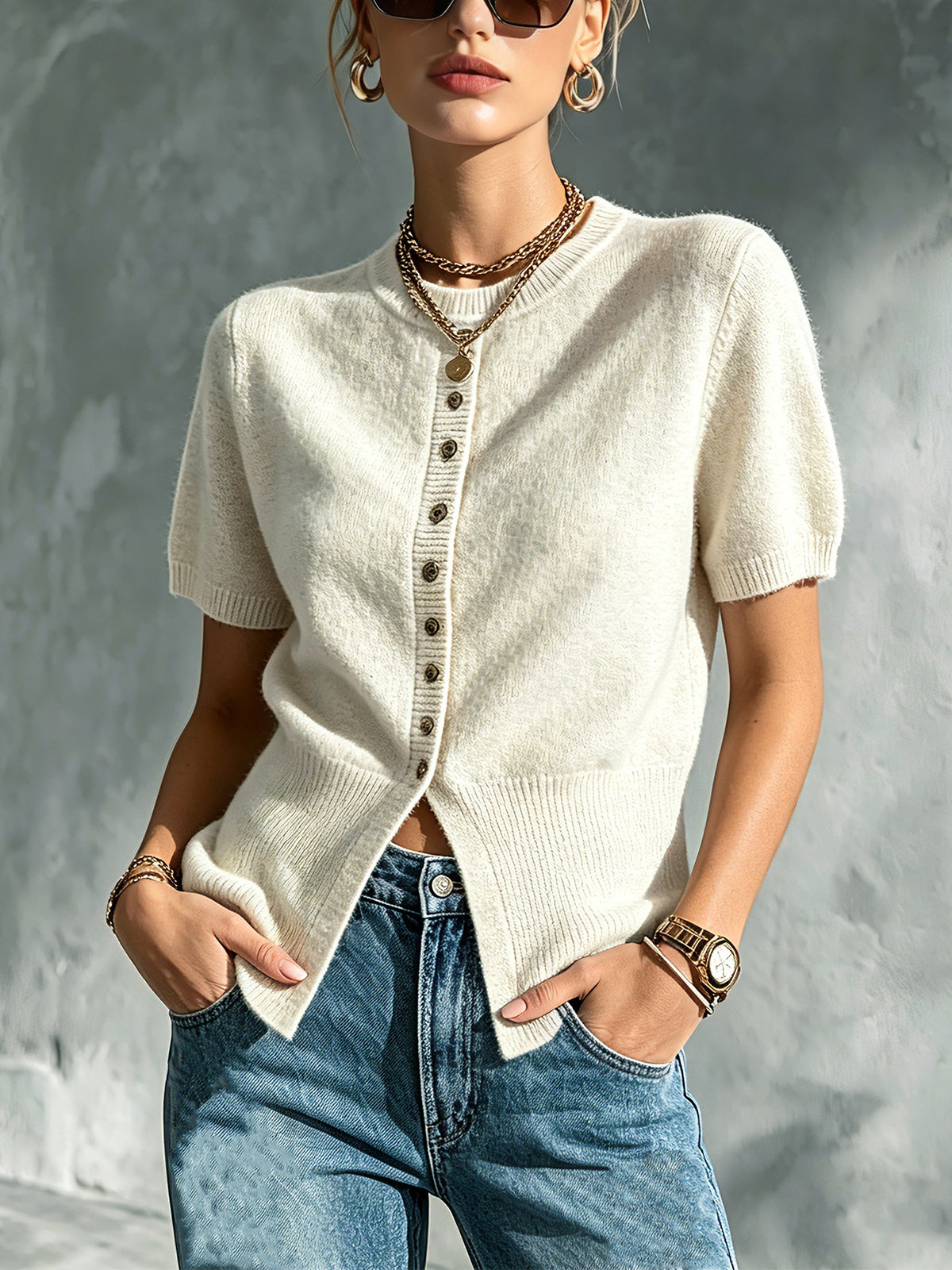 Chic Elegant Beige Round-Neck Short-Sleeve Button-Front Ribbed-Hem Soft Knit Sweater Top