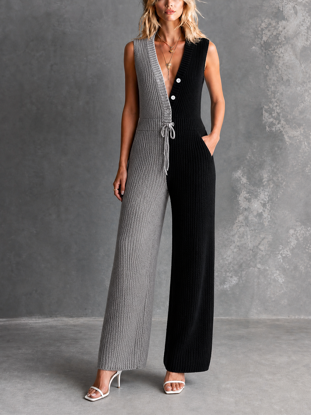 Chic Elegant Black-Gray V-Neck Button-Up Sleeveless Drawstring Waist Wide Leg Ribbed Knit Jumpsuit