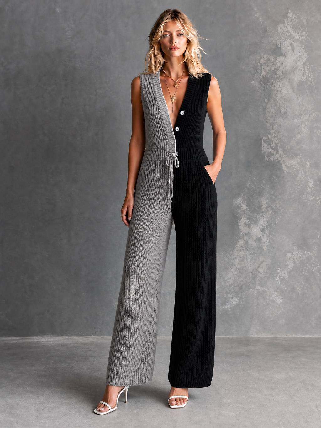 Chic Elegant Black-Gray V-Neck Button-Up Sleeveless Drawstring Waist Wide Leg Ribbed Knit Jumpsuit