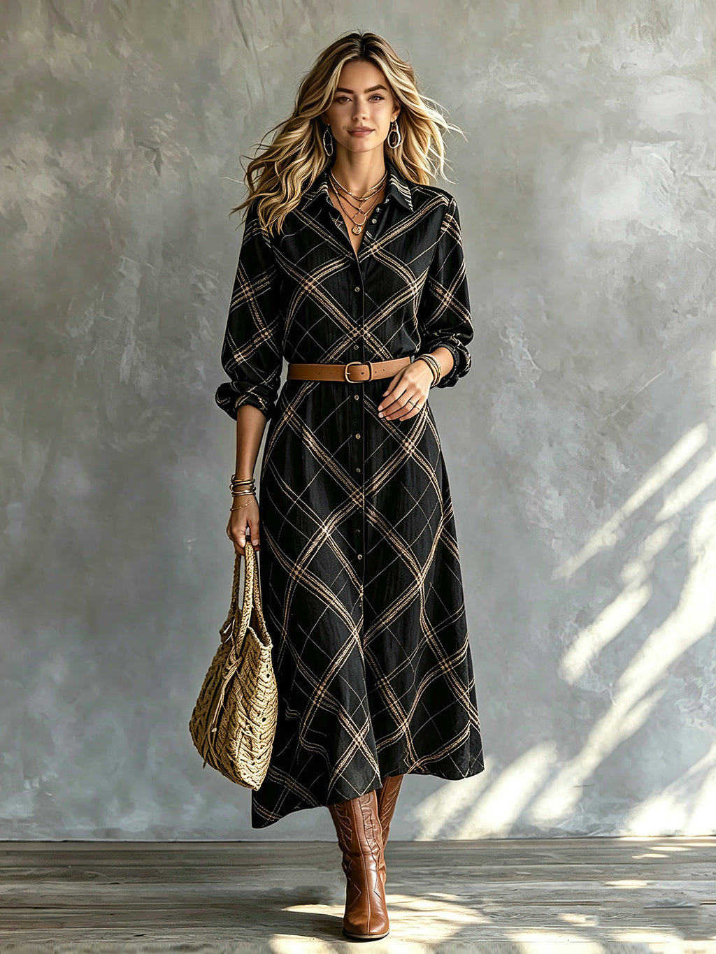 Chic Elegant Black-Camel Geometrical Print Lapel Collar Single-Breasted Long-Sleeve Belted Loose-Fit A-Line Midi Dress