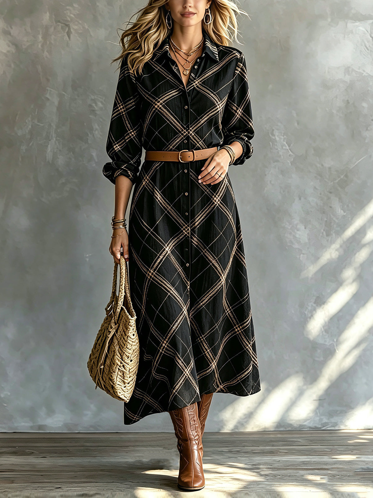 Chic Elegant Black-Camel Geometrical Print Lapel Collar Single-Breasted Long-Sleeve Belted Loose-Fit A-Line Midi Dress