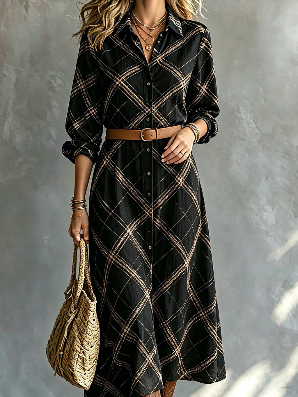 Chic Elegant Black-Camel Geometrical Print Lapel Collar Single-Breasted Long-Sleeve Belted Loose-Fit A-Line Midi Dress