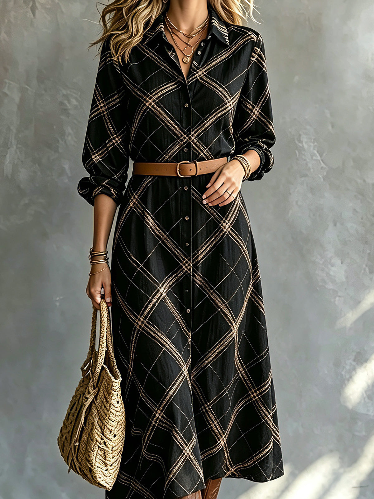 Chic Elegant Black-Camel Geometrical Print Lapel Collar Single-Breasted Long-Sleeve Belted Loose-Fit A-Line Midi Dress