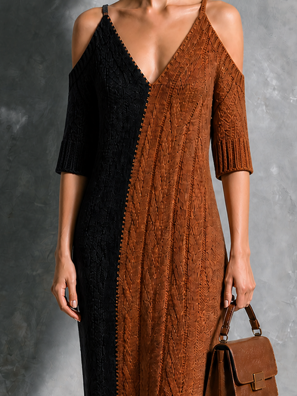 Chic Elegant Black-Brown Colorblock Spaghetti Straps Cold Shoulder V Neck Cable Half-Sleeve Loose-Fit Knit Midi Dress