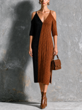 Chic Elegant Black-Brown Colorblock Spaghetti Straps Cold Shoulder V Neck Cable Half-Sleeve Loose-Fit Knit Midi Dress