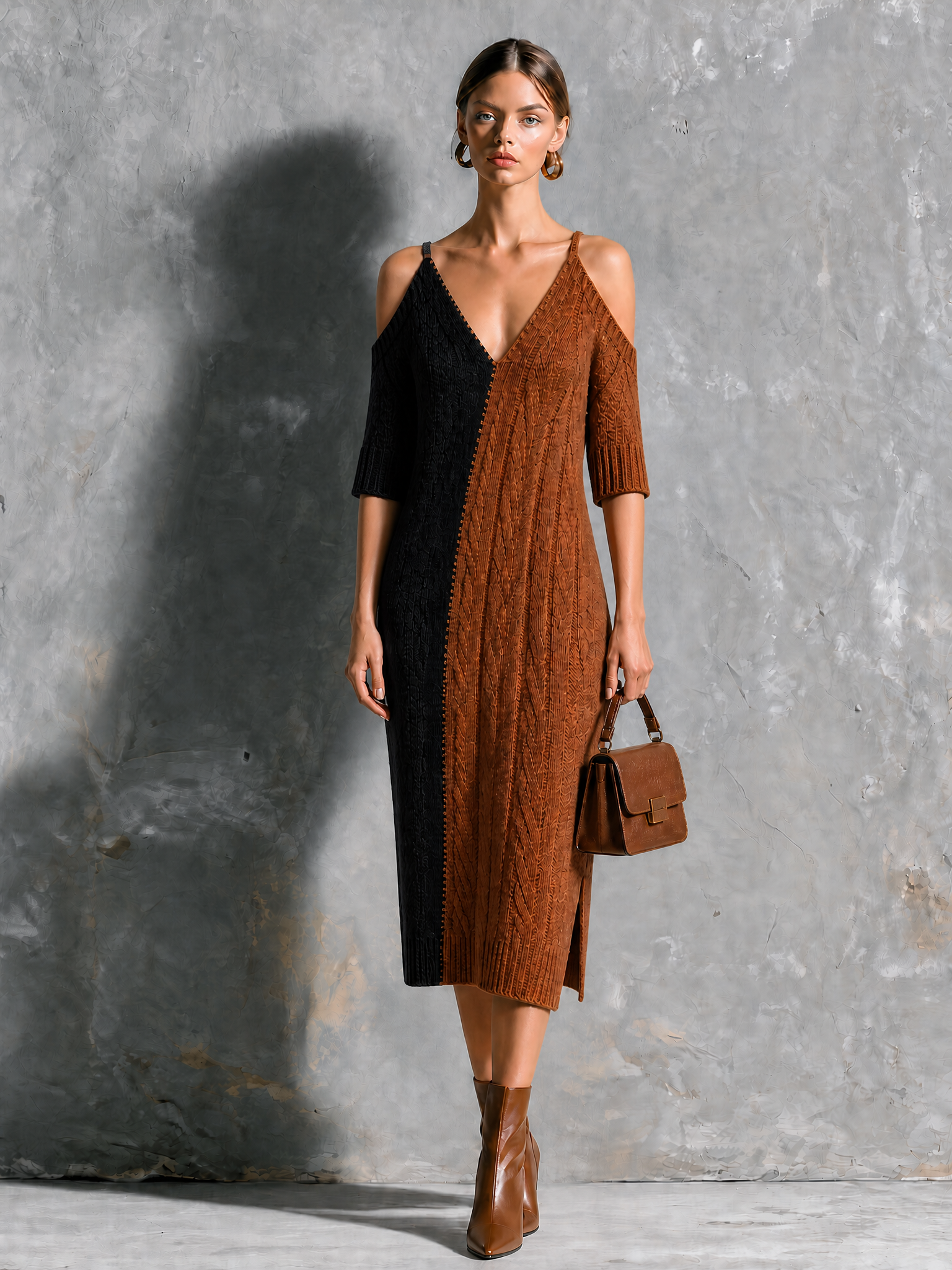 Chic Elegant Black-Brown Colorblock Spaghetti Straps Cold Shoulder V Neck Cable Half-Sleeve Loose-Fit Knit Midi Dress