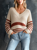 Chic Casual Off-White V-Neck Contrast Trim Long Sleeve Loose-Fit Knit Sweater Top