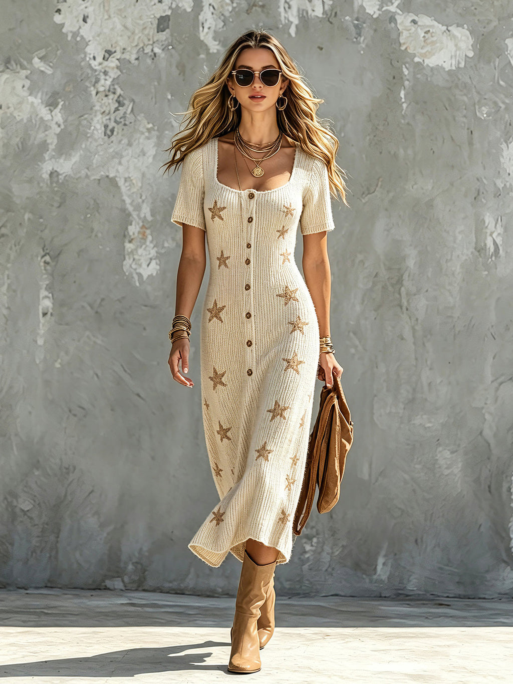 Chic Elegant Beige Square-Neck Short-Sleeve Single-Breasted Camel Stars Pattern A-Line Loose-Fit Soft Knit Midi Dress