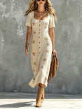Chic Elegant Beige Square-Neck Short-Sleeve Single-Breasted Camel Stars Pattern A-Line Loose-Fit Soft Knit Midi Dress