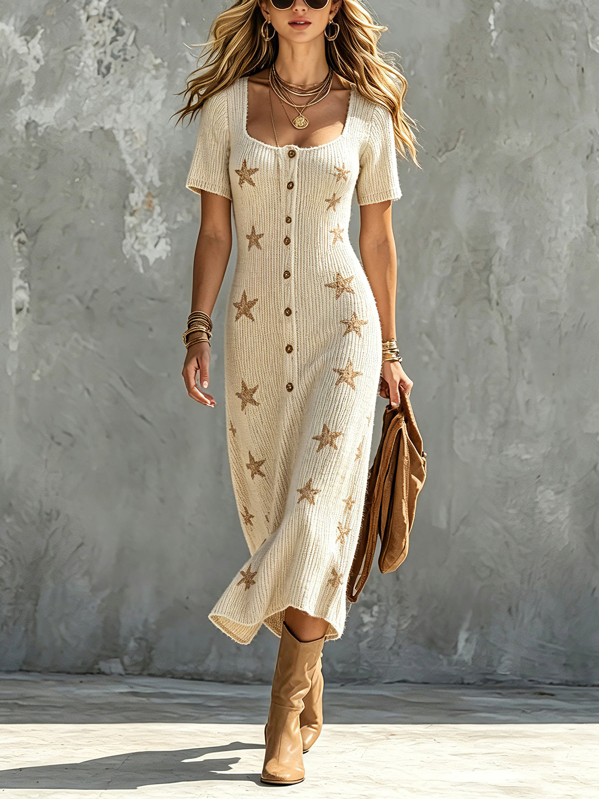Chic Elegant Beige Square-Neck Short-Sleeve Single-Breasted Camel Stars Pattern A-Line Loose-Fit Soft Knit Midi Dress