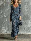 Chic Elegant Blue-Black Boho Pattren Print Scoop-Neck Long-Sleeve Tailored-Waist A-Line Maxi Dress