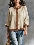 Chic Elegant Camel-Brown Colorblock Round-Neck Three-Quarter-Sleeve Single-Breasted Loose-Fit Knit Cardigan