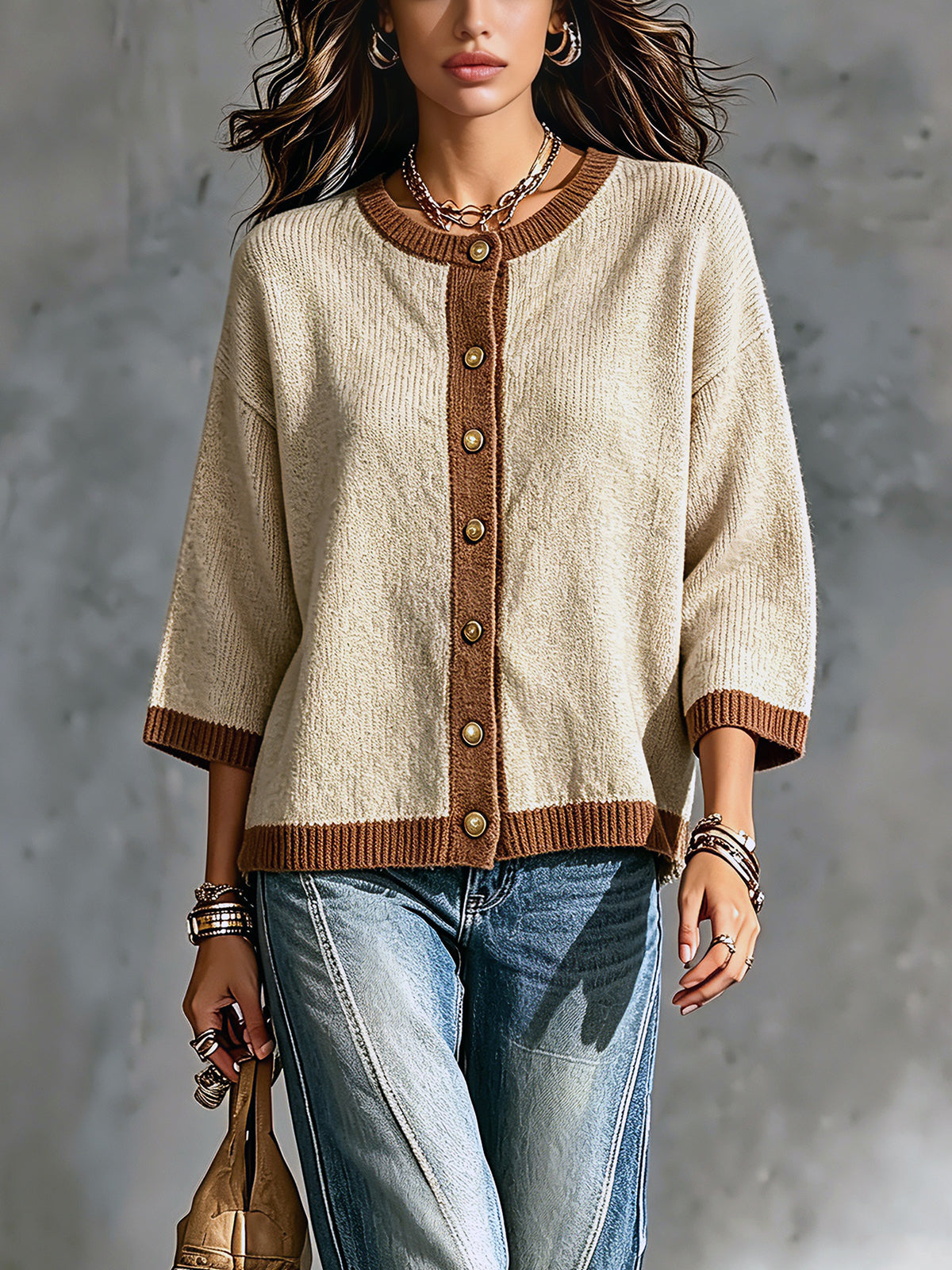 Chic Elegant Camel-Brown Colorblock Round-Neck Three-Quarter-Sleeve Single-Breasted Loose-Fit Knit Cardigan