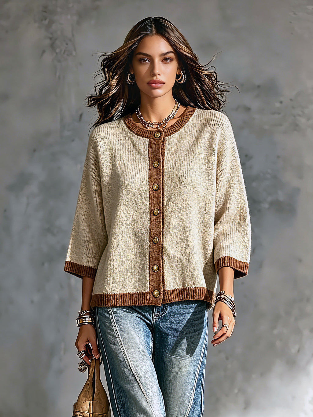 Chic Elegant Camel-Brown Colorblock Round-Neck Three-Quarter-Sleeve Single-Breasted Loose-Fit Knit Cardigan