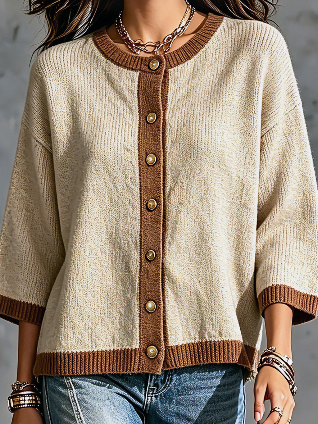 Chic Elegant Camel-Brown Colorblock Round-Neck Three-Quarter-Sleeve Single-Breasted Loose-Fit Knit Cardigan