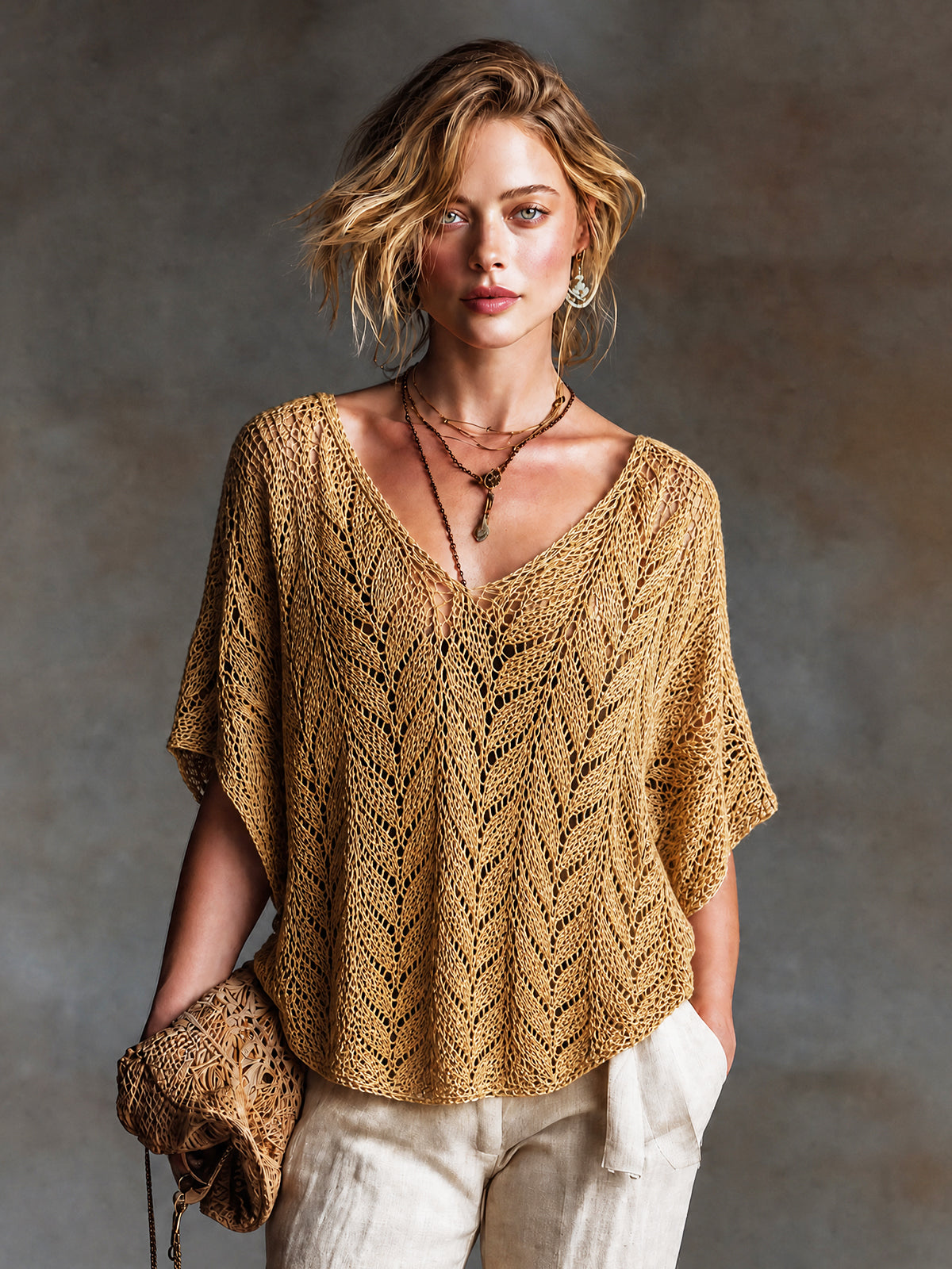 Chic Casual Mustard Yellow V-neck Short-sleeved Loose-Fit Knit Sweater