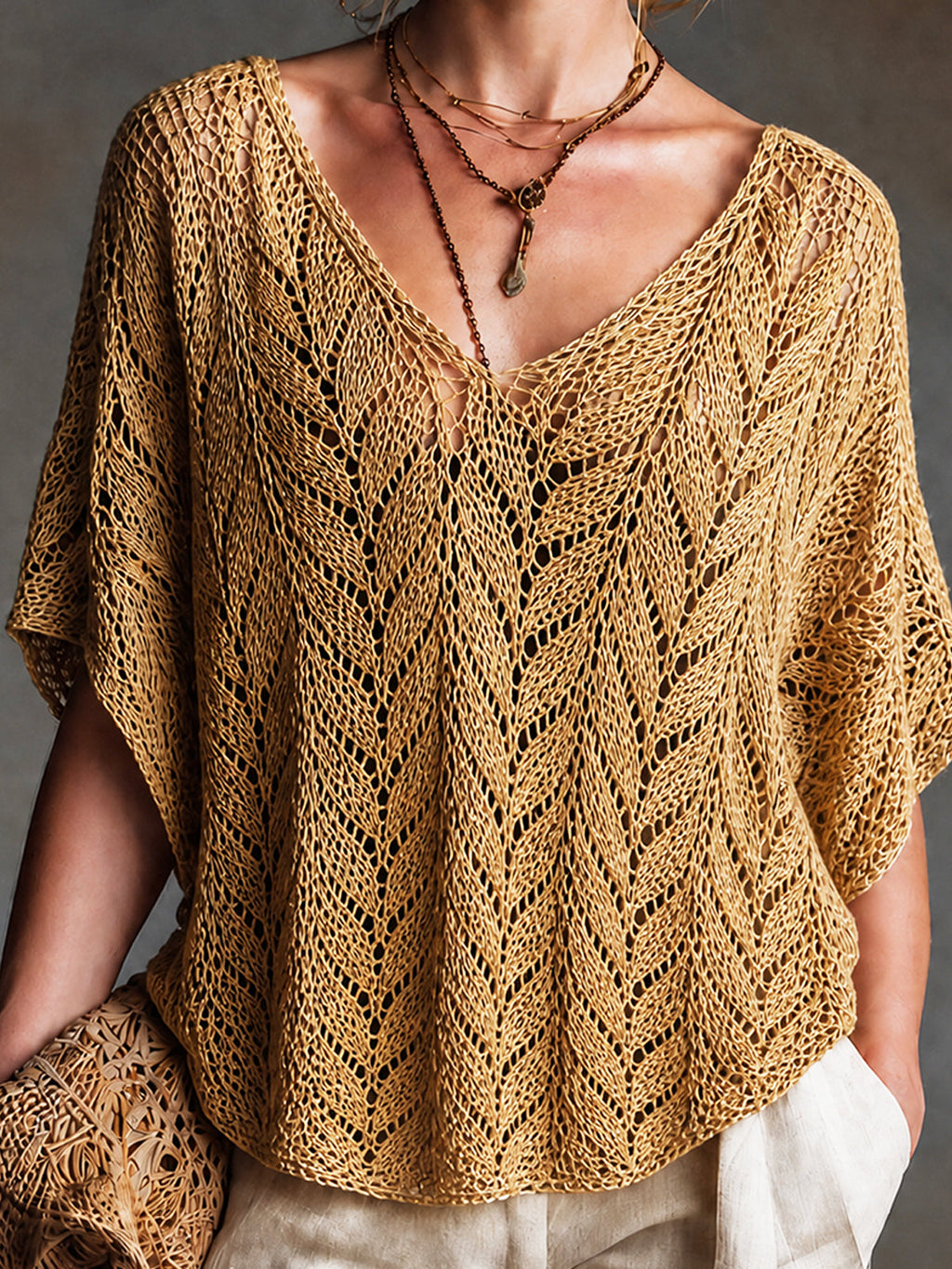 Chic Casual Mustard Yellow V-neck Short-sleeved Loose-Fit Knit Sweater