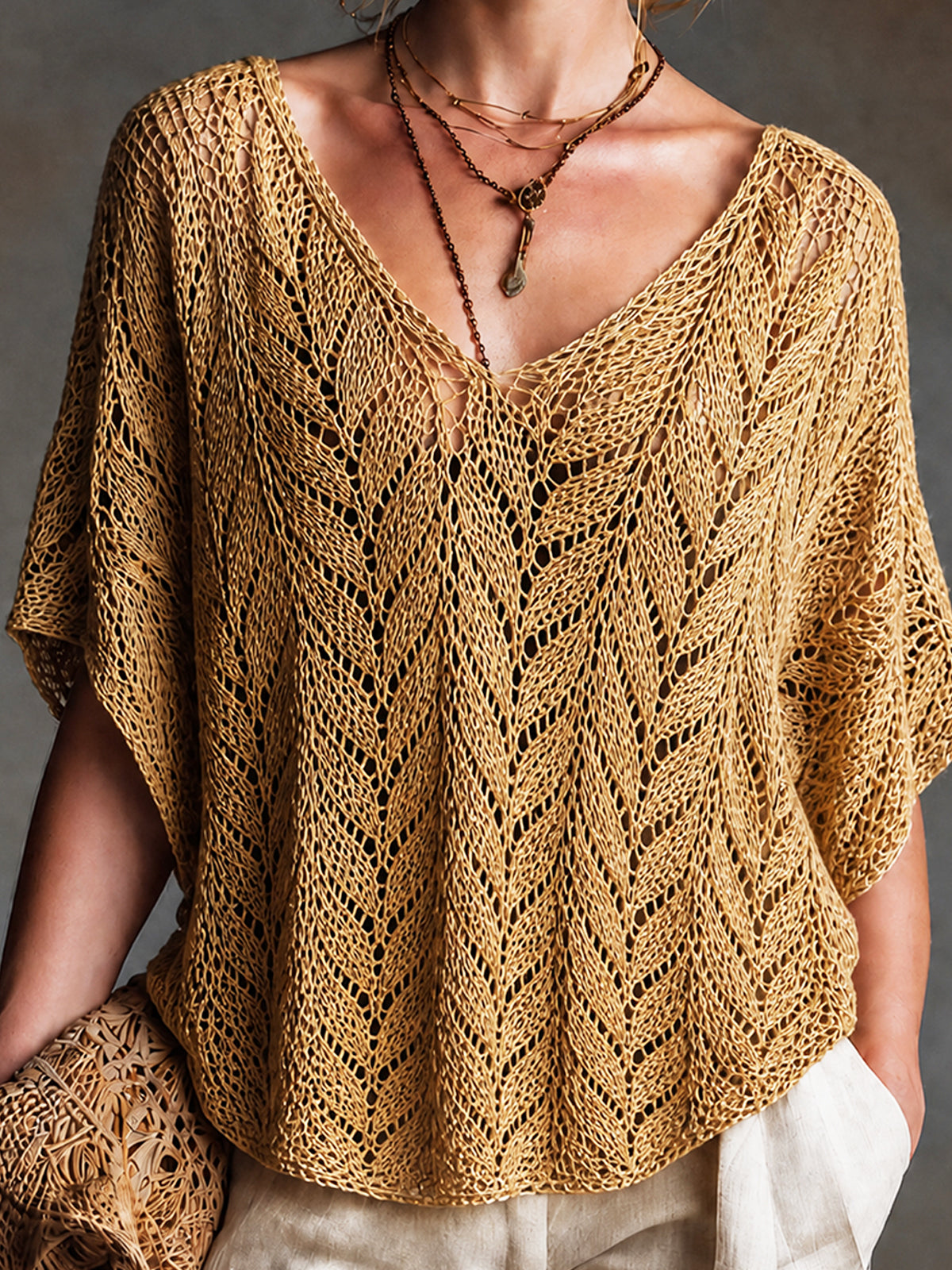 Chic Casual Mustard Yellow V-neck Short-sleeved Loose-Fit Knit Sweater