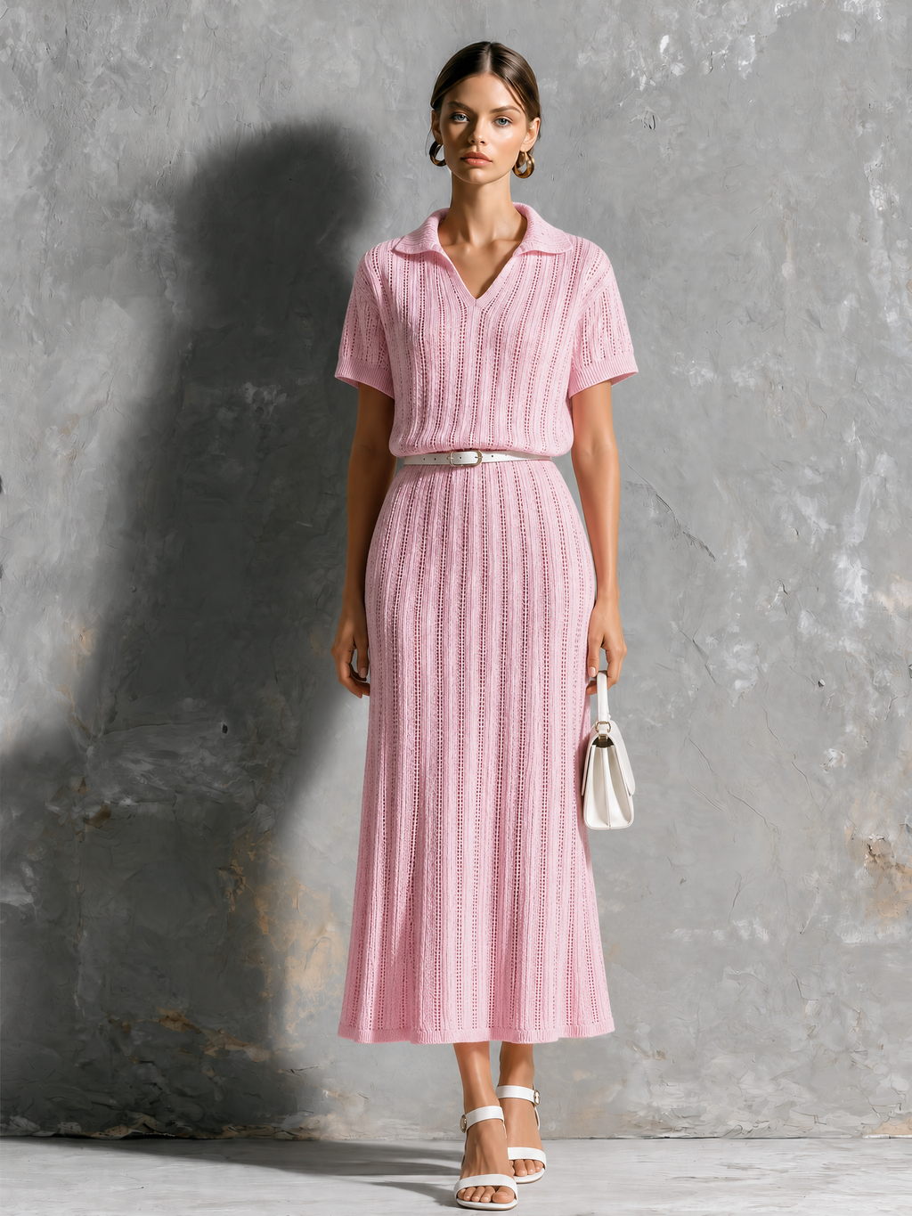 Chic Elegant Pink Lapel-Collar V-Neck Hollow-Out Detail Short Sleeve Loose-Fit A-Line Self Belt Knit Midi Dress