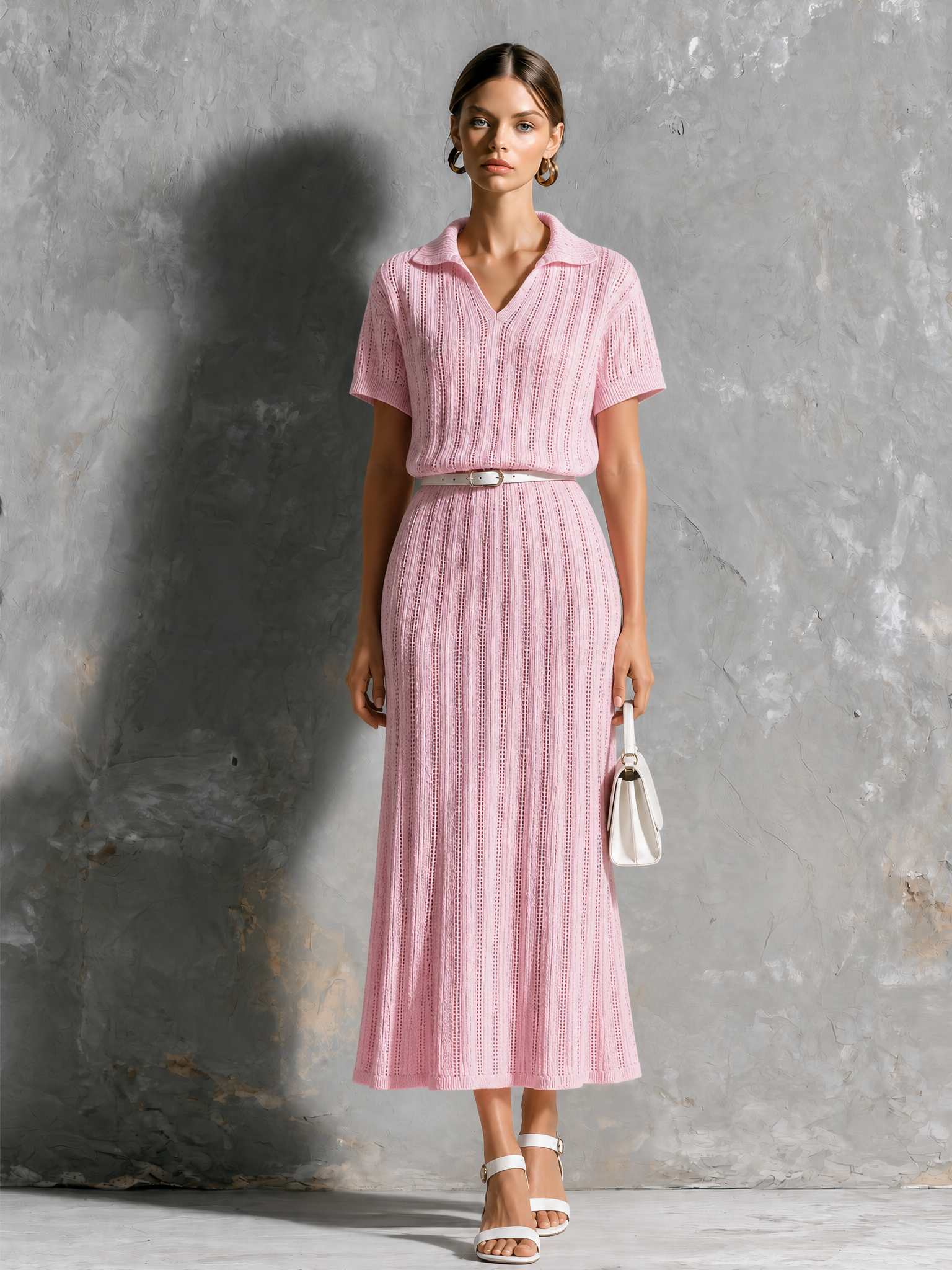 Chic Elegant Pink Lapel-Collar V-Neck Hollow-Out Detail Short Sleeve Loose-Fit A-Line Self Belt Knit Midi Dress