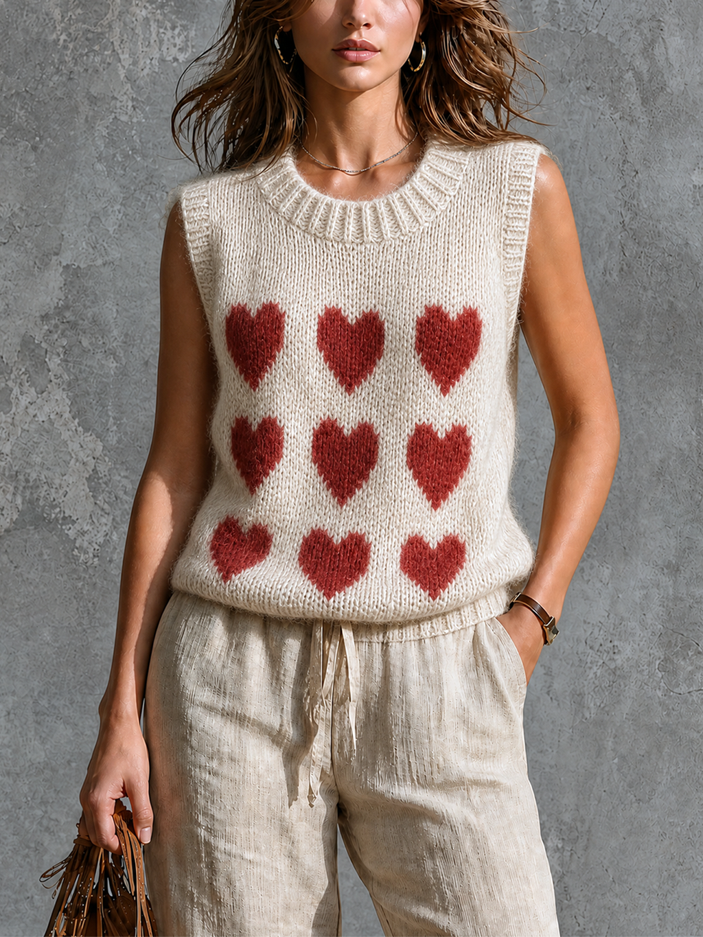 Chic Casual Off-White Round Neck Red Heart Jacquard Sleeveless Loose-Fit Knit Vest Top