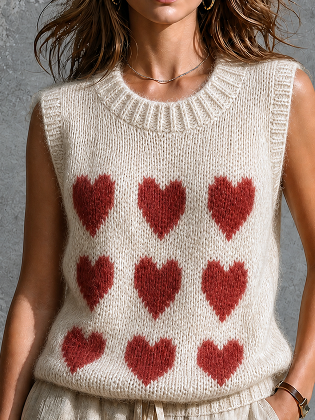 Chic Casual Off-White Round Neck Red Heart Jacquard Sleeveless Loose-Fit Knit Vest Top