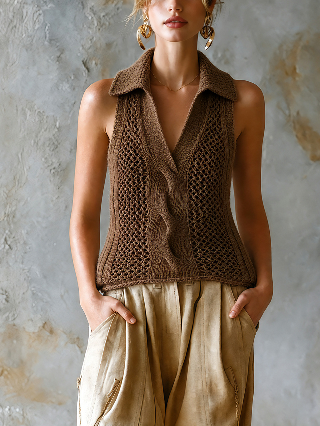 Chic Casual Brown Lapel V-Neck Cable Hollow-Out Sleeveless Slim-Fit Knit Tank Top