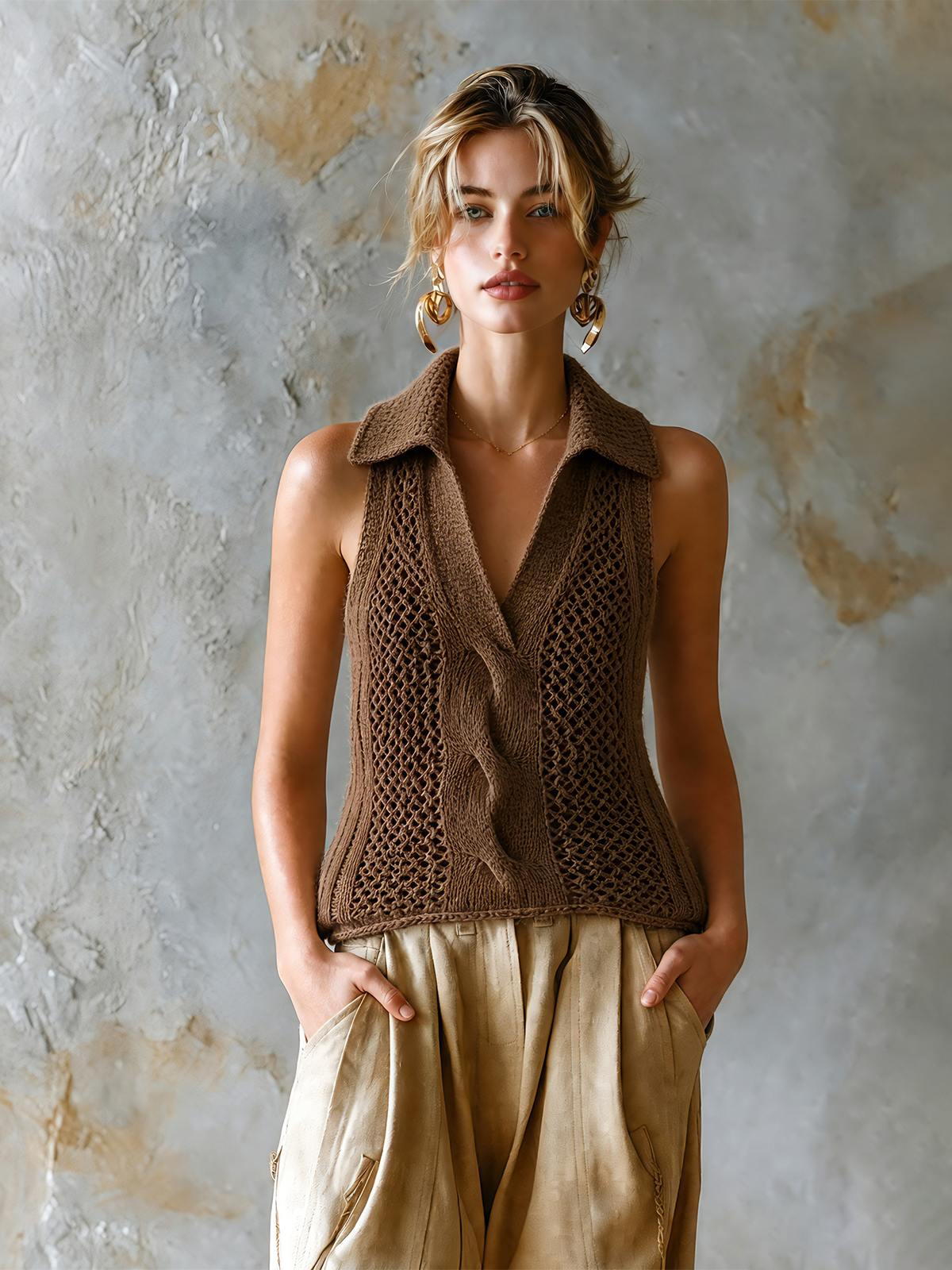 Chic Casual Brown Lapel V-Neck Cable Hollow-Out Sleeveless Slim-Fit Knit Tank Top