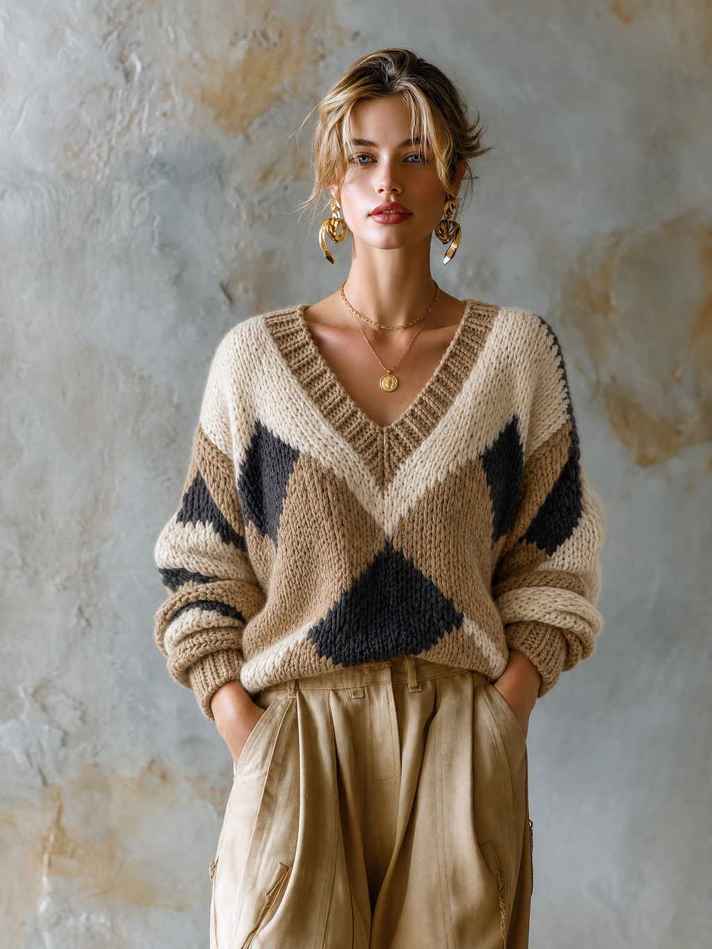 Chic Casual Off-White-Camel-Charcoal Colorblock Diamond Jacquard V-Neck Long Sleeve Loose-Fit Knit Sweater Top