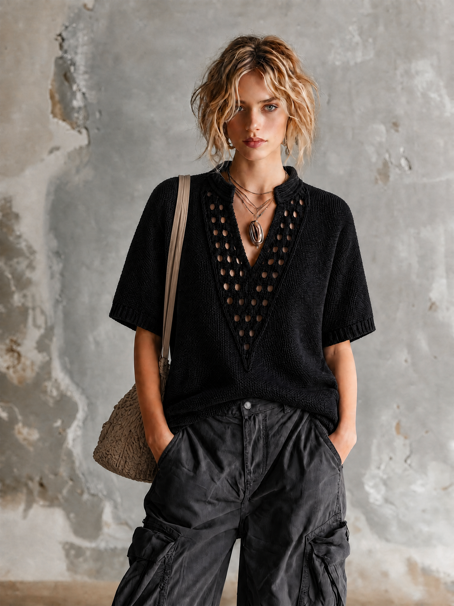 Chic Casual Black Stand Collar V-Neck Hollow-Out Detail Short-Sleeve Loose-Fit Knit Sweater Top