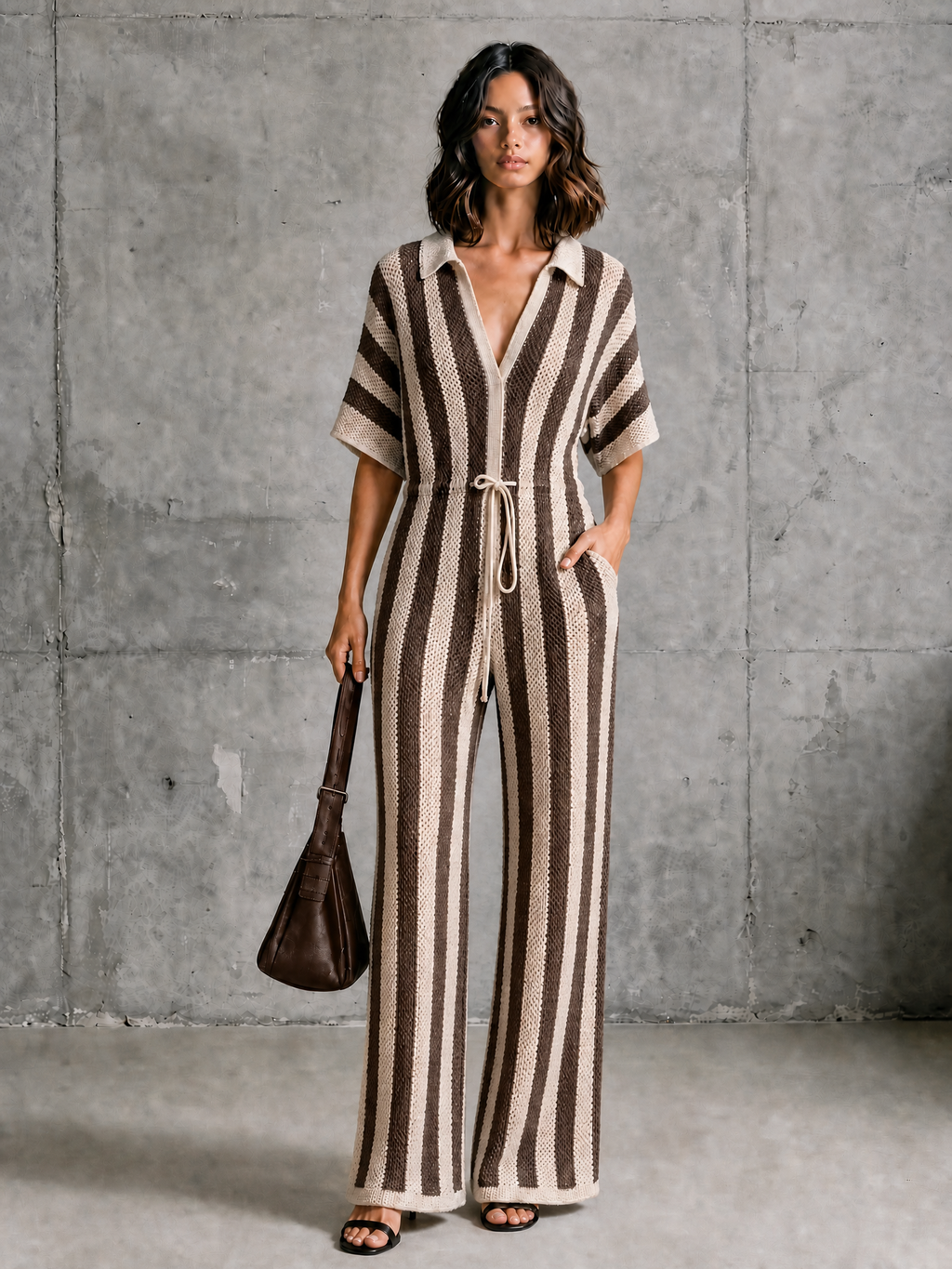 Chic Elegant Beige-Brown Stripe Lapel-Collar V-Neck Short-Sleeve Drawstring Waist Wide Leg Mesh Knit Jumpsuit