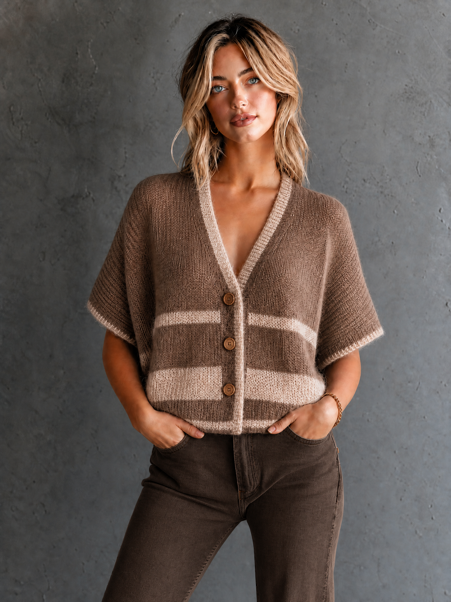 Chic Elegant Camel V-Neck Contrast Trim Batwing Sleeve Single-Breasted Loose-Fit Knit Cardigan Top