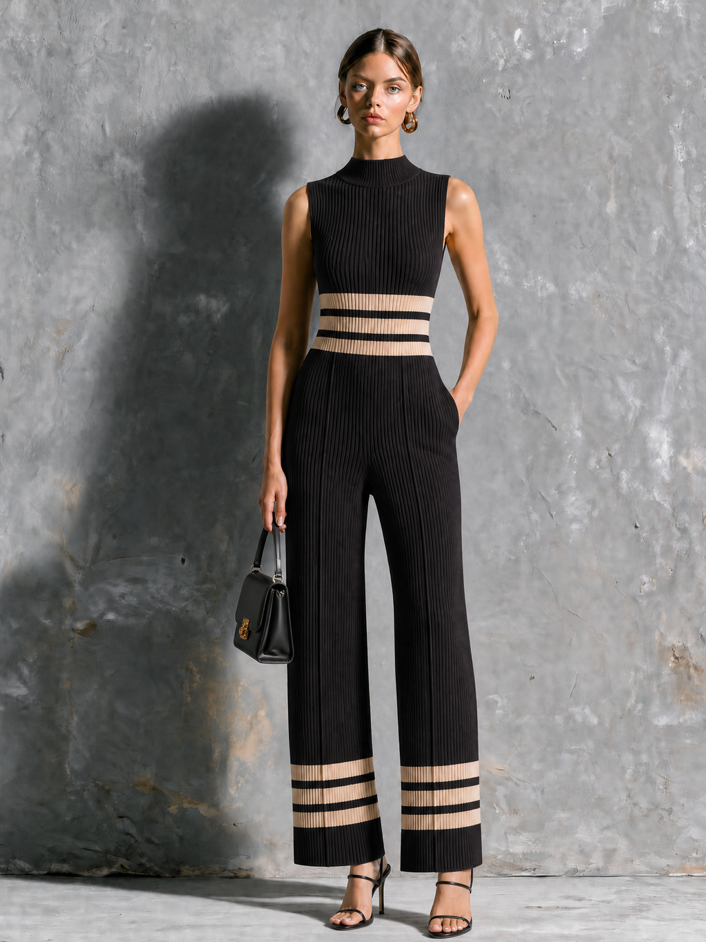 Chic Elegant Black Mock Neck Contrast Trim Sleeveless Slim-Fit Wide Leg Ribbed Knit Jumpsuit
