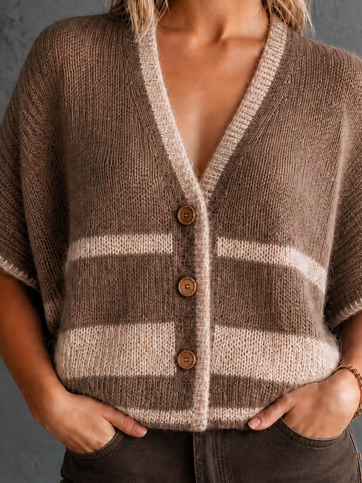 Chic Elegant Camel V-Neck Contrast Trim Batwing Sleeve Single-Breasted Loose-Fit Knit Cardigan Top