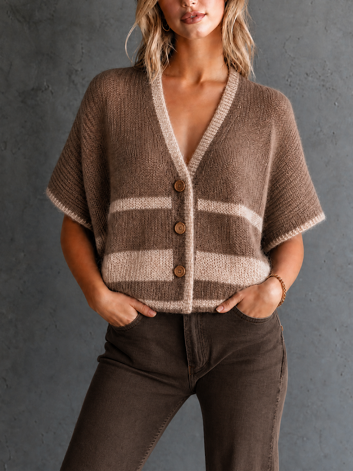 Chic Elegant Camel V-Neck Contrast Trim Batwing Sleeve Single-Breasted Loose-Fit Knit Cardigan Top