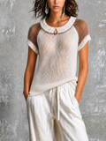 Chic Casual White-Brown Colorblock Round-Neck Raglan Sleeves Loose-Fit Mesh Knit Sweater Top